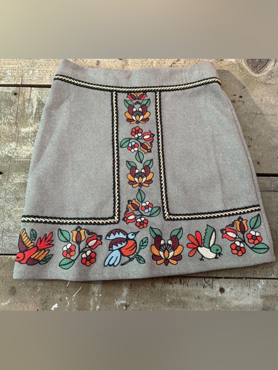THML Dresses & Skirts - THML Gray Mini Skirt with Colorful Floral & Bird Embroidery Panel